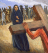 Mary is a peasant woman with dark robes pulled around her head (based on a photo of a mother standing vigil outside Abu Ghraib prison in Iraq). In the background a file of refugees walk along. Read a reflection by Jon Bloom on verses spoken to Mary “a sword shall pierce your heart”: https://www.desiringgod.org/articles/when-a-sword-pierces-your-soul